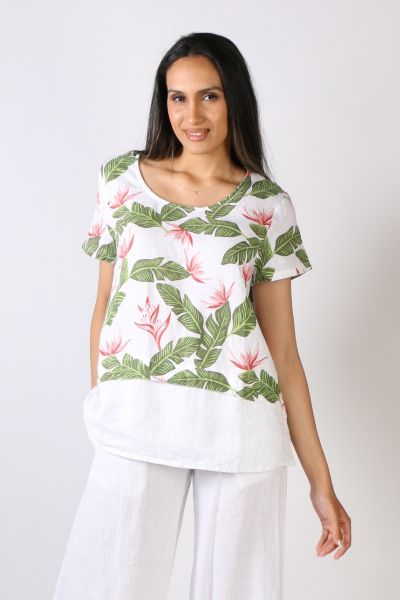 Upgrade your summer basic linen top with this one by Blueberry. In an overall floral print, the layerd top has a round neck and short sleeves to keep you cool and stylish all at the same time. Style it easy pants or shorts. Style 974471.