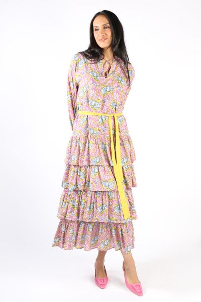 A dress that sashays with your every move, this tiered dress by Boom Shankar moves gracefully with every step. In an overall printed cotton, the dress has an open neck and front tie up. Finished with a tiered design and 3/4 sleeves, style the Maxi Poppy d