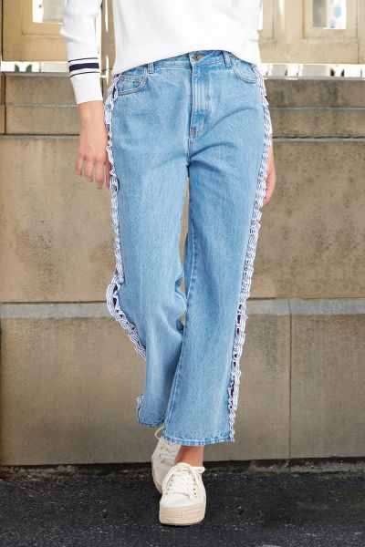 Designed in California Jeans blue denim. These must have jeans of the season will see you through the year. Featuring a captivating ruched tape detail down the leg, fly front with button closure and belt loops. The ruched detail embraces casual styling, m