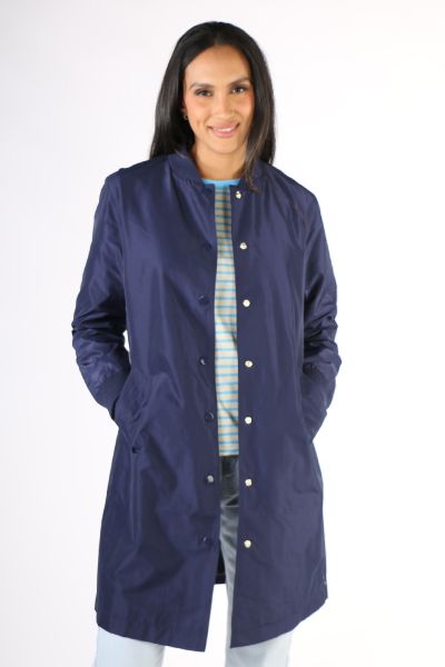 Everyone needs a navy jacket . Longline jacket with both bomber and trench style features in a smart fit . has two pockets, button closure and a tie at the back. style 231610.