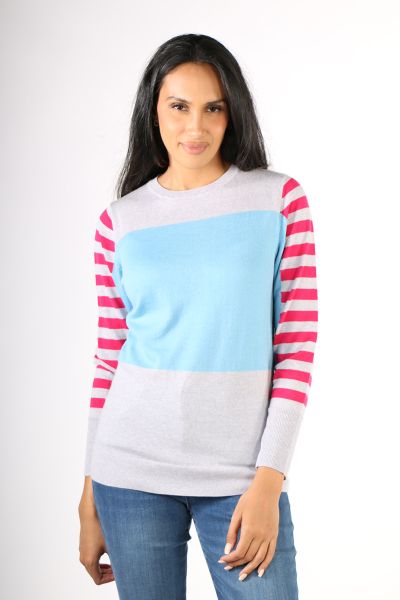 Keep it stylish and cozy this season with this jumper by Fields, In a washable wool, the round neck jumper with contrast trim has an overall colour block and striped design. With full sleeves, style it with easy pants. Style FK3019.
