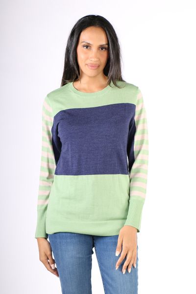 Keep it stylish and cozy this season with this jumper by Fields, In a washable wool, the round neck jumper with contrast trim has an overall colour block and striped design. With full sleeves, style it with easy pants. Style FK3019.
