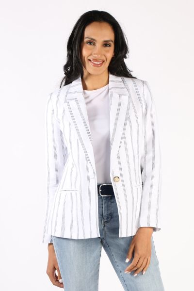 Elevate your wardrobe with the timeless sophistication of our Blazing Saddles Blazer. Crafted from 100% linen and featuring a single button closure, this blazer is an elegant combination of form and function. Its crisp white hue is accented with subtle bl