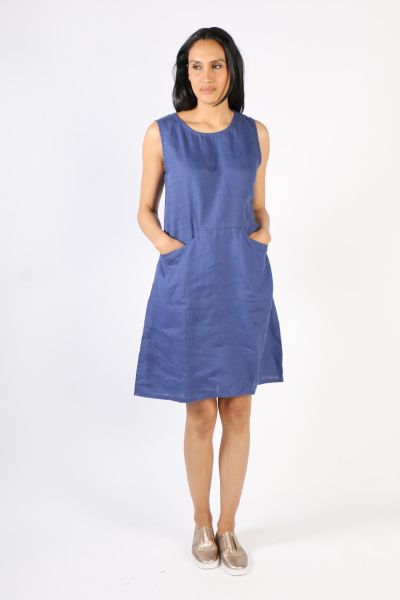 A simple elegant and very wearable sleeveless dress that is so easy to throw on with sneakers, or dress up if needed . round neck and front pockets sitting just below the knees.
