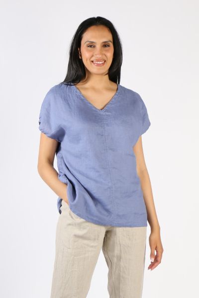 A stylish and very wearable top that would work with all bottoms . has cap sleeve style with V neck with a centre seam detail falling a little lower at the back.