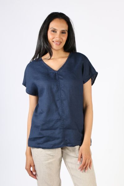 A stylish and very wearable top that would work with all bottoms . has cap sleeve style with V neck with a centre seam detail falling a little lower at the back.