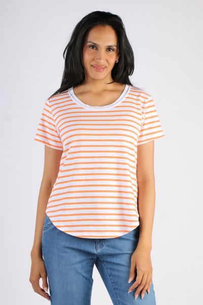 An overall stripe tee is a classic and this one by Goondiwindi Cotton is perfect for the season. The Cotton Tee featuring a flattering high low curved hem, round neck with raw edge detailing and short sleeves is always a popular cotton t shirt choice to p
