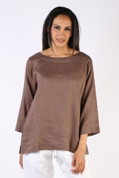 April top with a Wide round neck style with longer sleeves for rolling, panel at hem and Just a really useful top in 100% washed light weight linen.