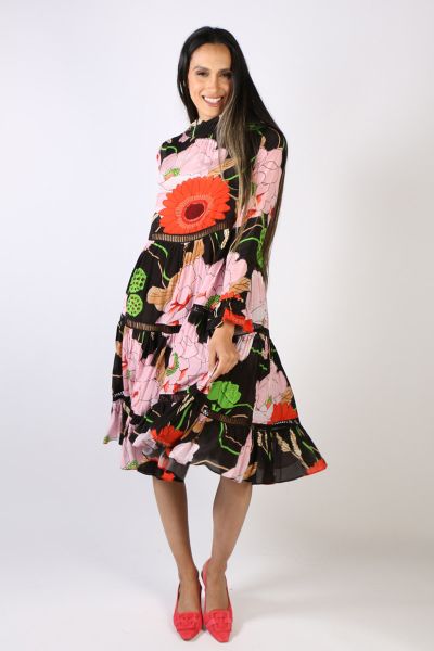 The Tier And Now dress designed in the Bloom My Mind viscose crepe de chine will see you through the spring and beyond! With high neck, black trim detail, gorgeous tiers and sweet frilled cuffs, this dress has, and does it all! Dress up or down, day or ni