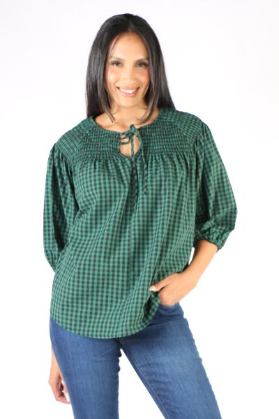 Check Shirred Top In Green by Jump