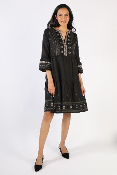 Pretty dress for pretty summer nights, this one by Jump fits the bill perfectly. In a washed Linen, the dress has an open neck with embroidery, frilled sleeves and the tiered dress falls just at your knees. Style this dress with easy slides or wedges. Sty