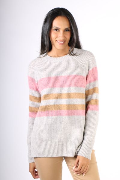 Step out in stripes this season with the multi stripe knit pullover from Jump. In a wool blend, this long sleeve jumper has a round neck and de\ide splits at the hem. Pair this with denims and boots and you are ready to go. Style 4611061A.
