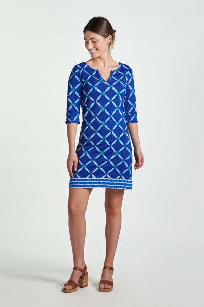 Looking for a simple semi-fitted dress that's both comfortable and elegant? Try our stretchy-and-stylish Lucy dress. Crafted from supersoft 100% cotton, its lovely print features a contrasting border. 3/4 length sleeves neatly finished with peplum cuffs c