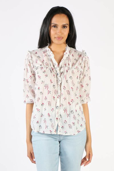 Feminine and cute, this floral shirt by Mandalay ticks more boxes than one in the cute factor. In a floral print with ruffled details, the top has a V neck and short peasant sleeves. Style it with easy denims perfect for summer. Style ss23052