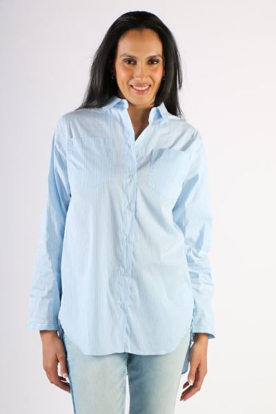 A fun overshirt that demands a second look with its details by Mos Mosh is here. In an overall stripe, the shirt has long sleeve and shirt collar and a gathered feature back. Style it over a tank or wear it on its own. Style 151230.