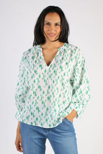 Namastai Crushed Cotton Ikat print top is one of our favourite tops for summer. It's made from 100% cotton with an open neck and 3/4 sleeves. Style it with jeans and espadrilles for the perfect garden party look. Style NAM20.
