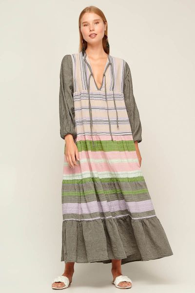 Inspired by the Grecian-chic culture and tradition, Pearl and Caviar dress is perfect for the season.. This Gauze Maxi dress features Overall stripes, the top with a mandarin collar and gathered neck has a front tie up. With a tiered look and full sleeves