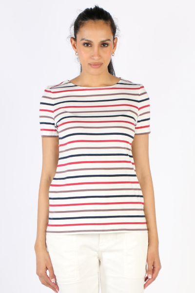 Our Cornish Sailor T Shirt is great way to add a dash of stripes to your wardrobe, with wide, evenly-spaced stripes inspired by Cornishware. Made from super soft organic cotton jersey, it has short sleeves and a classic boat neck. Perfect with just about 