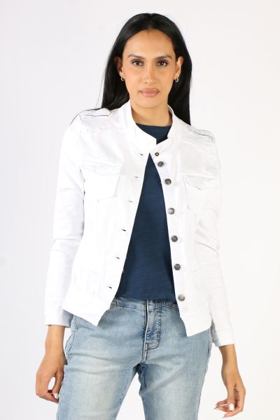 Layer like a fashion pro this season in Threadz. The Washed Stretch Denim jacket features a Mandarin Collar and sequined epaulettes. With a frayed panel look to keep it relaxed with a smart look, style this Military Denim Jacket with dresses or separates 