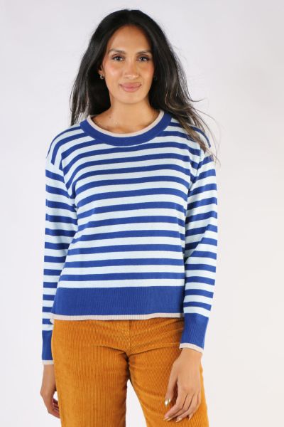 An easy jumper is a winter staple and this one by Two Ts is your go to for the season. In an overall horizontal stripe, the jumper in a Cotton Cashmere blend has a round neck and long sleeves with a contrast trim. Style 2512. 