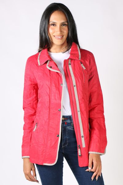 Lightweight jacket with contrast trim and top stitching detail. Zip and dome opening which zips up to funnel neck collar. Gathering at back with detailed panel. Zip front pockets. Style 5803NXBT.