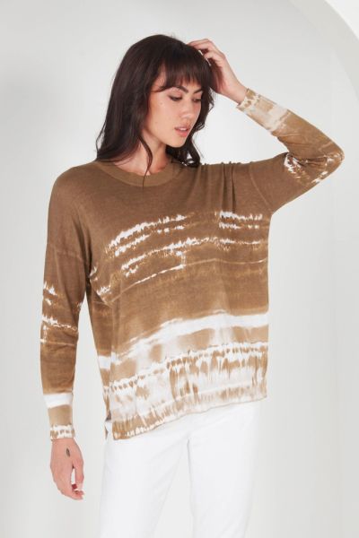 Round neck Linen/Cotton knit with Shibori print. Full length sleeve with deep rib cuff. The Visual Sweater falls below the hip. style 8633br.