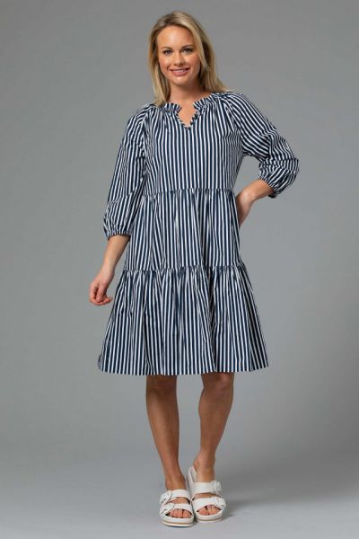 Yarra Trail Flared Stripe Dress In Navy