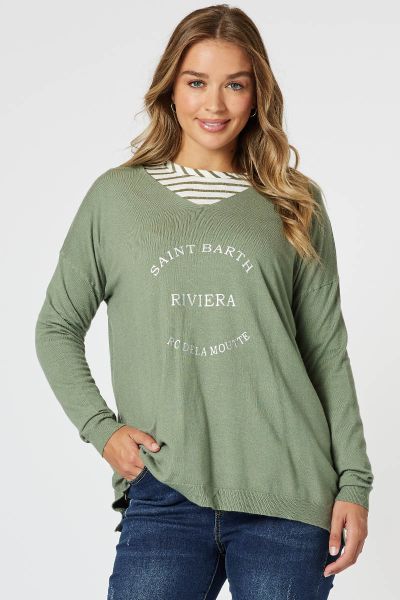 Simple yet stylish, the Saint Barth Knit in Khaki by Threadz is a versatile laid back layer. With its relaxed fit, V neckline, and soft lightweight knit construction, this sweater is perfect for trans seasonal wear. The chic white Saint Barth Riviera prin