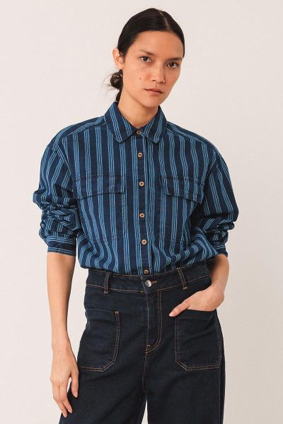 Looking for a classic fit shirt with a twist. This one has a slightly dropped shoulder and patch pockets with flaps. Its enzyme washed cotton and hemp striped fabric gives it a rustic look. It also has a regular fit.AD132.

