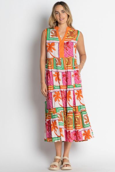 Fun and bright tones are the order of the season and this Angelika Dress embodies just that. In an overall printed cotton, the sleeveless dress has a tiered design in midi length with contrasting trim details. Style this dress with easy summer slides or s