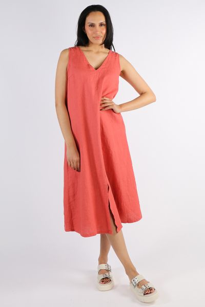 Blueberry Slimline Midi Linen Dress In Poppy