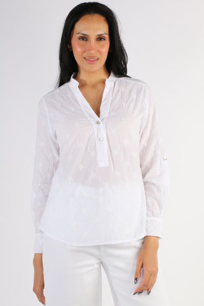 Blueberry Daisy Embroidered Shirt In White