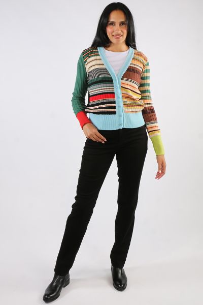 Opt for a fun statement this season in this Fuji Cardigan by Aldo Martins. In an overall multi stripes, the ribbed cardigan has a front button closure and a V Neck. It is finished with ribbed hem and long cuffs. Layer it over pieces and elevate your every