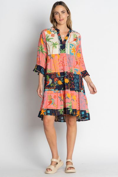 A fun dress is a perfect need for the season and this Carina Dress is a perfect one. In an overall printed viscose, the design has contrast accent print, the dress has an open neck and 3/4 sleeves finished with frilled details. Style this Carina Dress wit