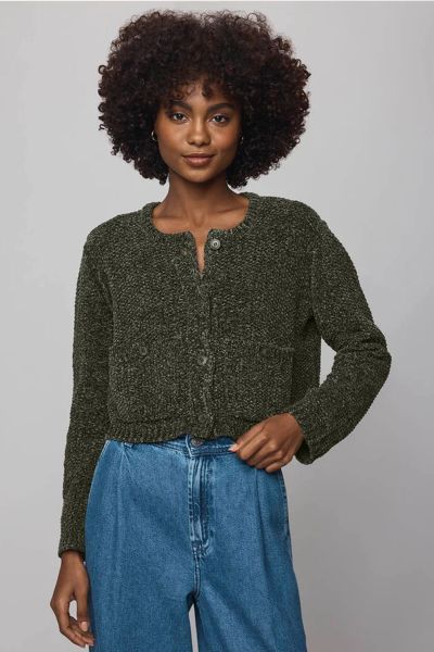This plush chenille cardigan is the layer you will reach for on repeat. Cropped just right and spun from soft chenille yarn, its cozy without the bulk perfect for lounging or layering. Finished with a button front and two patch pockets complete with closu