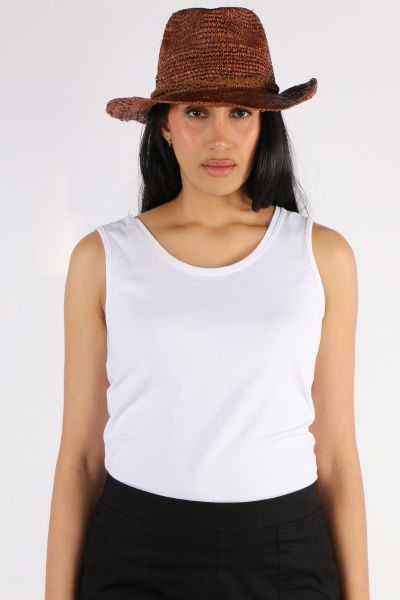 Cherry Red Raffia Fedora Hat In Chocolate
