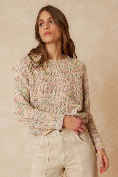 This knitted sweater features a round neck, dropped shoulders, and a straight fit that slightly hugs the body. The knit fabric is worked in a basket weave with yarns of different colors. If you want it to be more oversized, go for one size larger. 