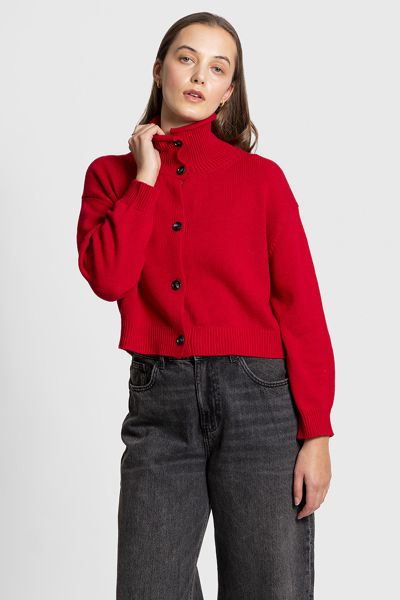 Fields Funnel Neck Cropped Cardi In Red