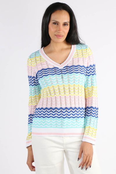 An easy jumper is the order fo the season. In a cotton blend, this cheery Hello Sweater has a V neck and long sleeves and is in overall multi colour lace knit keeping it easy and stylish. Style with easy pants. Style 8208.
