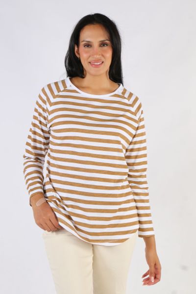Goondiwindi Cotton Stripe Raglan Tee In Camel