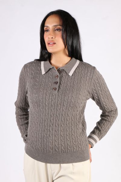 Goondiwindi Cotton Henley Cable Jumper In Taupe