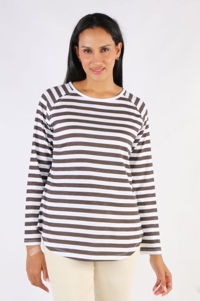 Goondiwindi Cotton Stripe Raglan Tee In Chocolate