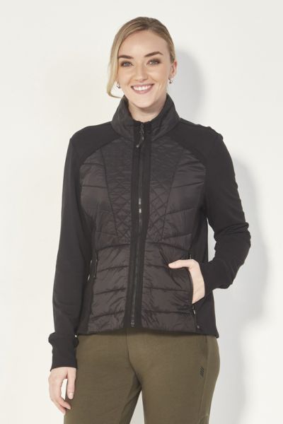 Unbrushed French Terry jacket with quilted front panels. High neckline. Front zip. Side pockets. Full length sleeve with cuff. The Idaho jacket is fitted to the body and falls to the hip. Style 9037TSF.