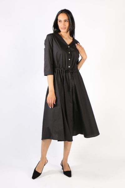 Step out in style with this illium circle dress. In a solid color, this dress with button front, v neck and cinches your waist perfectly. Hugging you in all the right places, it has 3/4 sleeves and side pockets and falls at a perfect tea length. Style thi