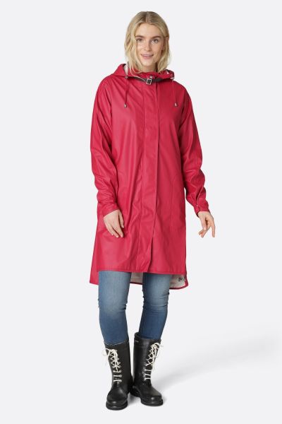 Image of a knee-length, black Ilse Jacobsen raincoat made from waterproof fabric. The coat features a front zip and button closure, a drawstring hood, and two large pockets at the hips. The coat has a flattering A-line shape and is ideal for keeping dry i
