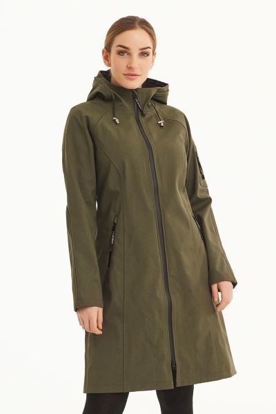 Image of a knee-length, black Ilse Jacobsen raincoat made from waterproof fabric. The coat features a front zip and button closure, a drawstring hood, and two large pockets at the hips. The coat has a flattering A-line shape and is ideal for keeping dry i