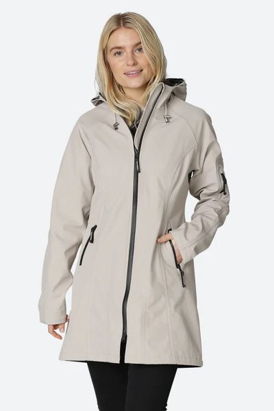 Image of a knee-length, black Ilse Jacobsen raincoat made from waterproof fabric. The coat features a front zip and button closure, a drawstring hood, and two large pockets at the hips. The coat has a flattering A-line shape and is ideal for keeping dry i
