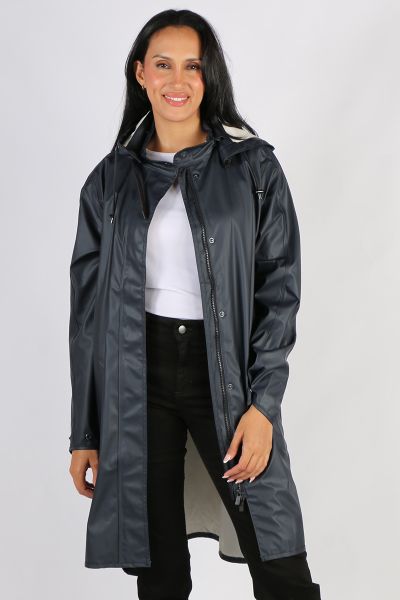 Image of a knee-length, black Ilse Jacobsen raincoat made from waterproof fabric. The coat features a front zip and button closure, a drawstring hood, and two large pockets at the hips. The coat has a flattering A-line shape and is ideal for keeping dry i