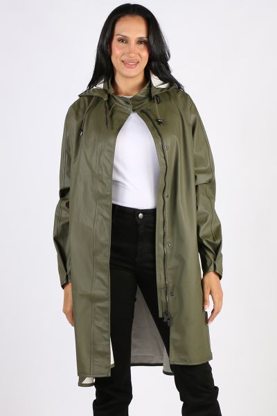 Image of a knee-length, black Ilse Jacobsen raincoat made from waterproof fabric. The coat features a front zip and button closure, a drawstring hood, and two large pockets at the hips. The coat has a flattering A-line shape and is ideal for keeping dry i