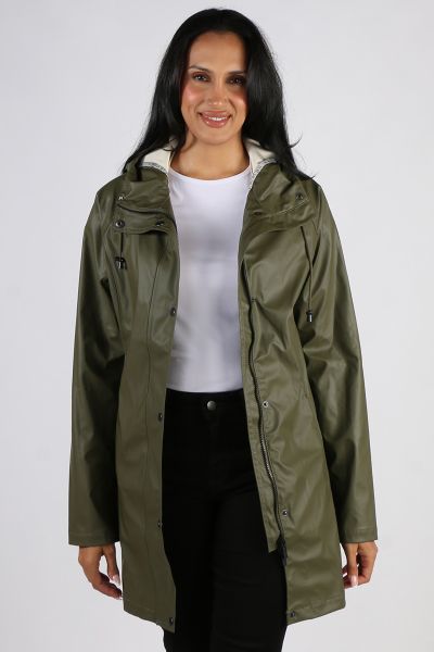 Image of a knee-length, black Ilse Jacobsen raincoat made from waterproof fabric. The coat features a front zip and button closure, a drawstring hood, and two large pockets at the hips. The coat has a flattering A-line shape and is ideal for keeping dry i